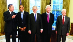 President George W. Bsh meets with former President George H.W. Bush (left), President-elect Barack Obama (second-left), former President Bill Clinton (second from right) and former President Jimmy Carter on Jan. 7 in the Oval Office of the White House. --photo by Chuck Kennedy, MCT