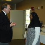 Doug Kaylor, the director of the Library, speaks with Amirah Al-Gaheem, president of the Muslim Student Assocation, during the MSA Welcome Luncheon on Oct. 29.