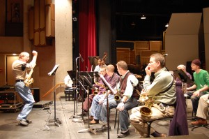 Bruce Jordan directs the Jazz Ensemble as they practice for their Jan. 22 concert in Blair Hall Theatre.  Admission is free and open to the public.