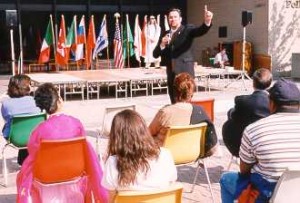 President Steven Johnson, then a Provost, speaks to students at the first International Showcase in October 2000.